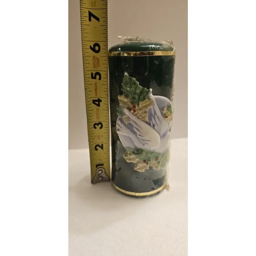 Vintage Christmas Candle Sculpted Green Dove Holly Carved 3D 6” x 2.5